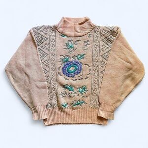 Vintage Women's Beige light pink Turtleneck Floral Knit Sweater M